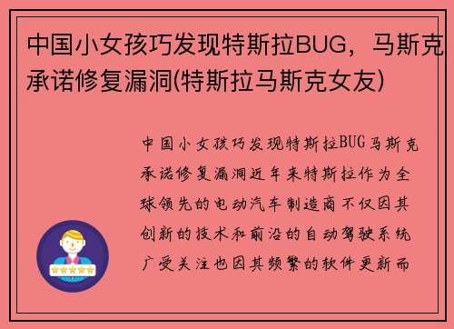 中国小女孩巧发现特斯拉BUG，马斯克承诺修复漏洞(特斯拉马斯克女友)