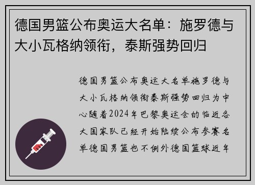 德国男篮公布奥运大名单：施罗德与大小瓦格纳领衔，泰斯强势回归