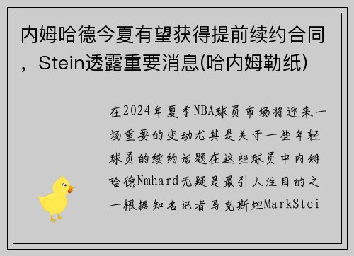 内姆哈德今夏有望获得提前续约合同，Stein透露重要消息(哈内姆勒纸)
